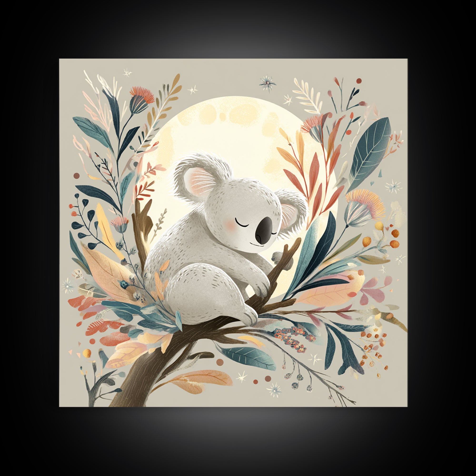 Sleeping Koala on Eucalyptus Branch Framed Canvas Print, Nursery Art, Whimsical Wall Art, Nursery Decor, Fine Art, Nursery, NUR-1x1-61