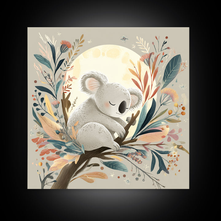 Sleeping Koala on Eucalyptus Branch Framed Canvas Print, Nursery Art, Whimsical Wall Art, Nursery Decor, Fine Art, Nursery, NUR-1x1-61