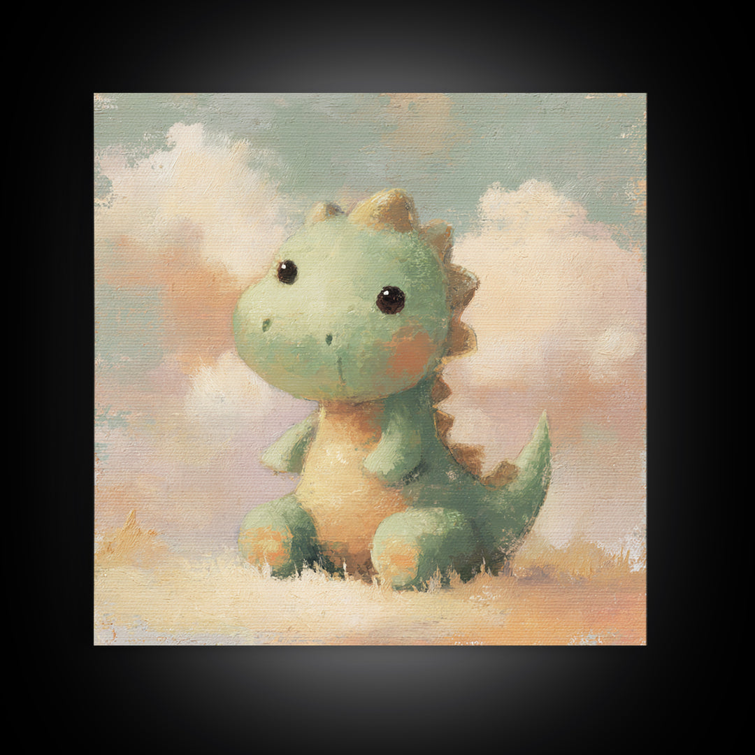 Tiny Dinosaur with Friendly Expression Framed Canvas Print, Nursery Art, Whimsical Wall Art, Nursery Decor, Fine Art, Nursery, NUR-1x1-63