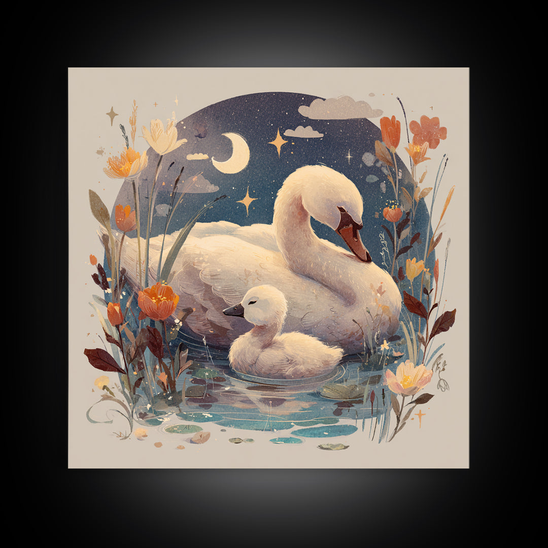 Swan and Cygnet Framed Canvas Print, Nursery Art, Digital Download Art, Nursery Decor, Fine Art, Nursery, Whimsical Wall Art, NUR-1x1-64