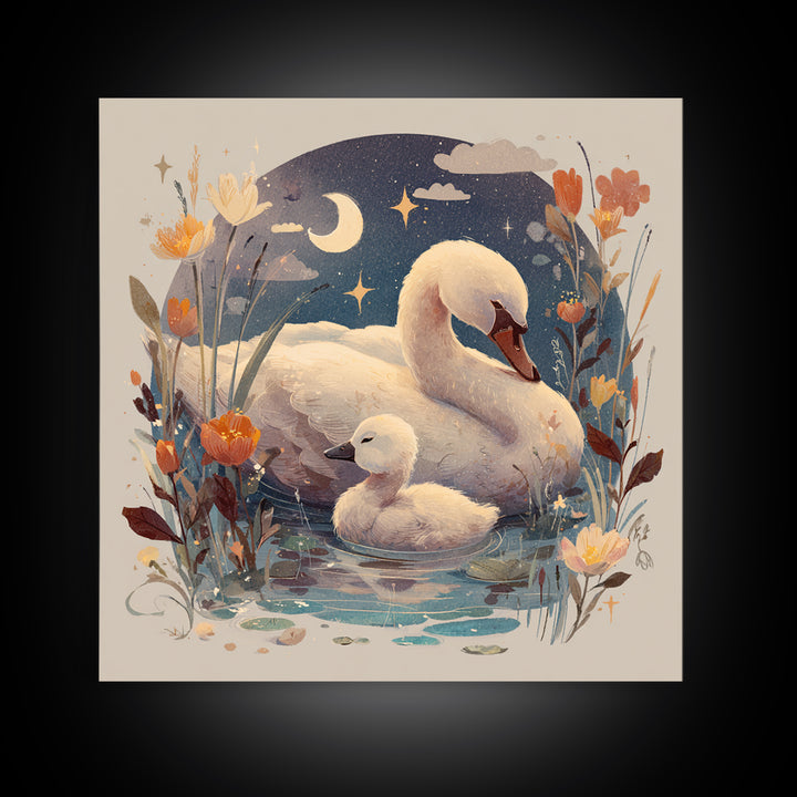 Swan and Cygnet Framed Canvas Print, Nursery Art, Digital Download Art, Nursery Decor, Fine Art, Nursery, Whimsical Wall Art, NUR-1x1-64