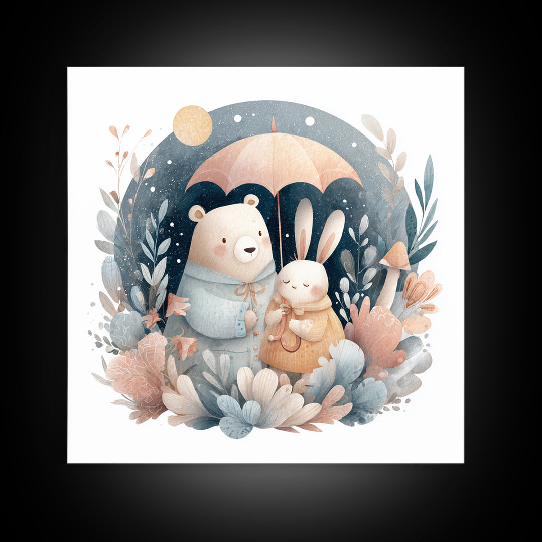 Bear and Rabbit Sharing Umbrella Framed Canvas Print, Nursery Art, Home Decor, Nursery Decor, Fine Art, Nursery, NUR-1x1-65