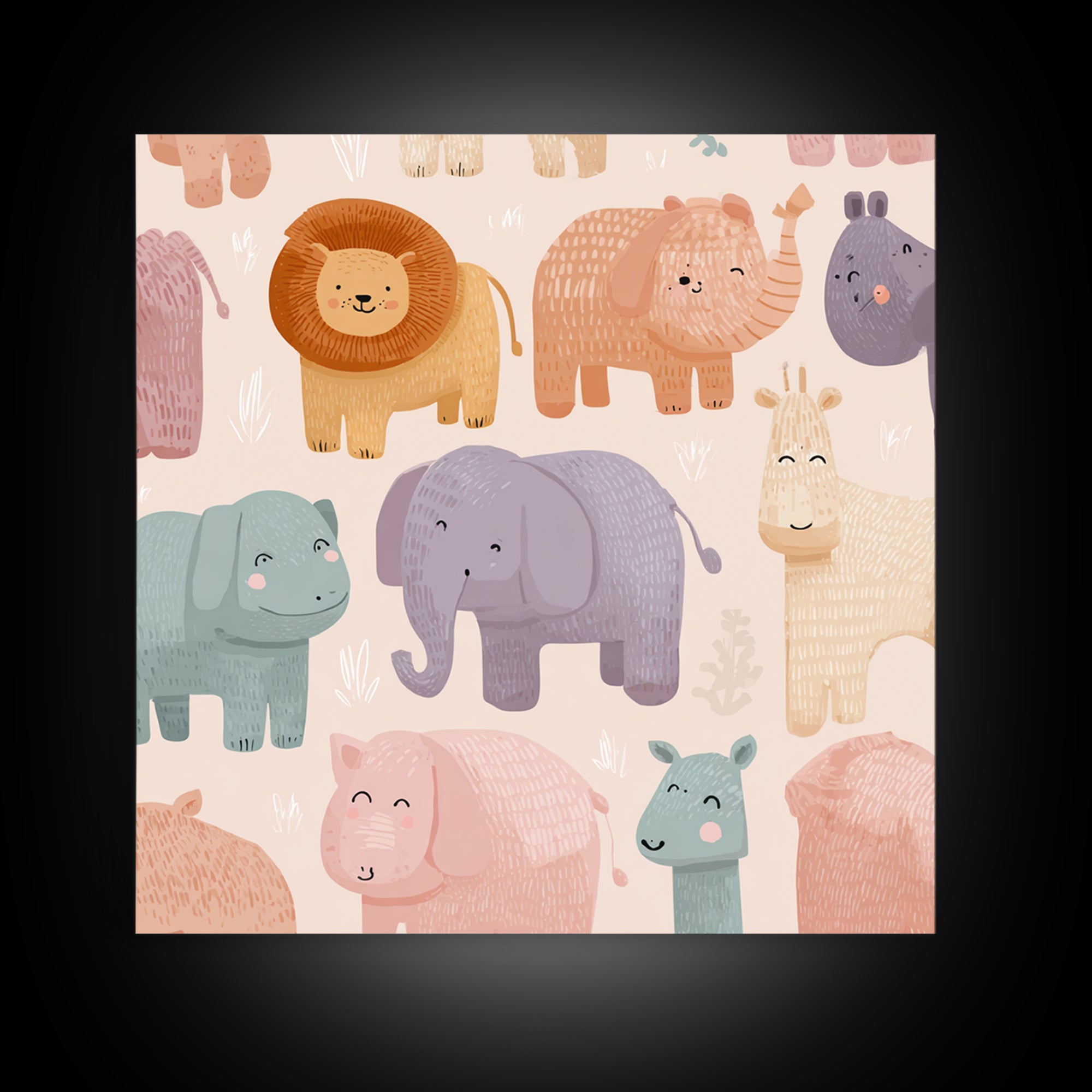 Pastel Jungle Animals Framed Canvas Print, Nursery Art, Baby Girl Nursery, Nursery Decor, Abstract Art, Nursery, Fine Art Print, NUR-1x1-66