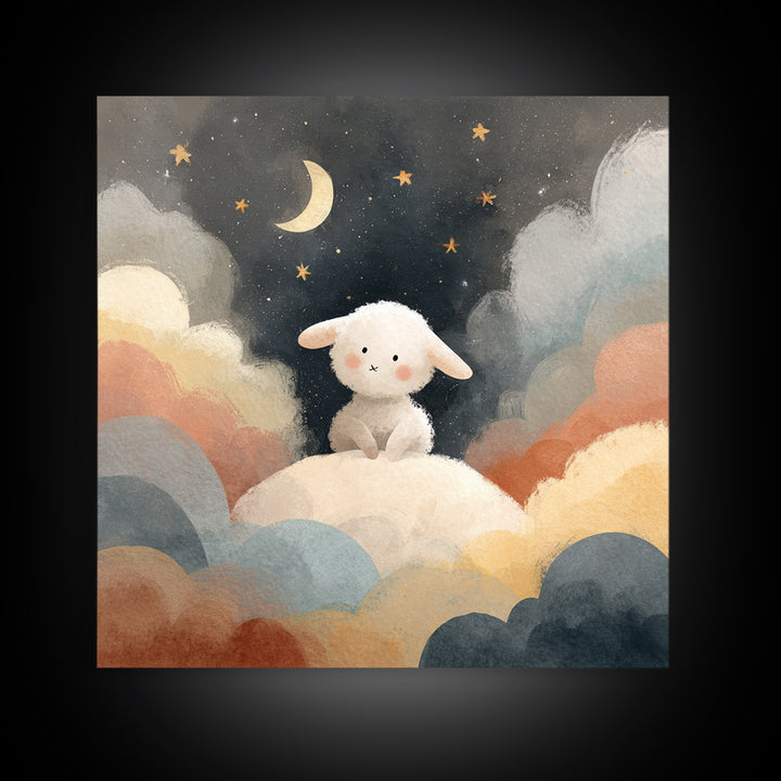 Little Lamb under a Starry Sky Framed Canvas Print, Nursery Art, Home Decor, Nursery Decor, Fine Art, Nursery, Contemporary Art, NUR-1x1-67