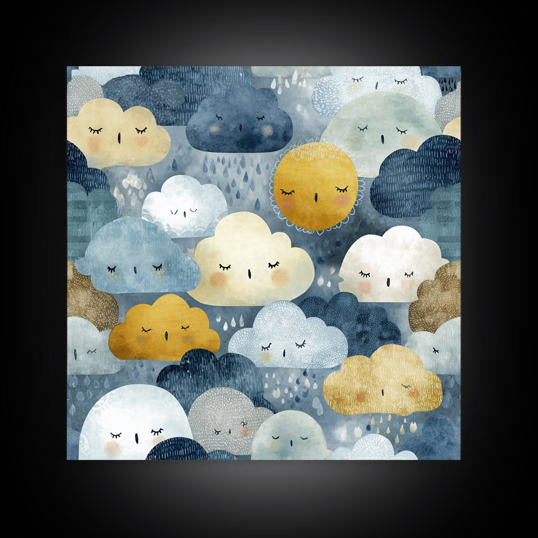 Clouds and Raindrops Framed Canvas Print, Nursery Art, Playroom Wall Art, Nursery Decor, Fine Art, Nursery, Statement Artwork, NUR-1x1-70