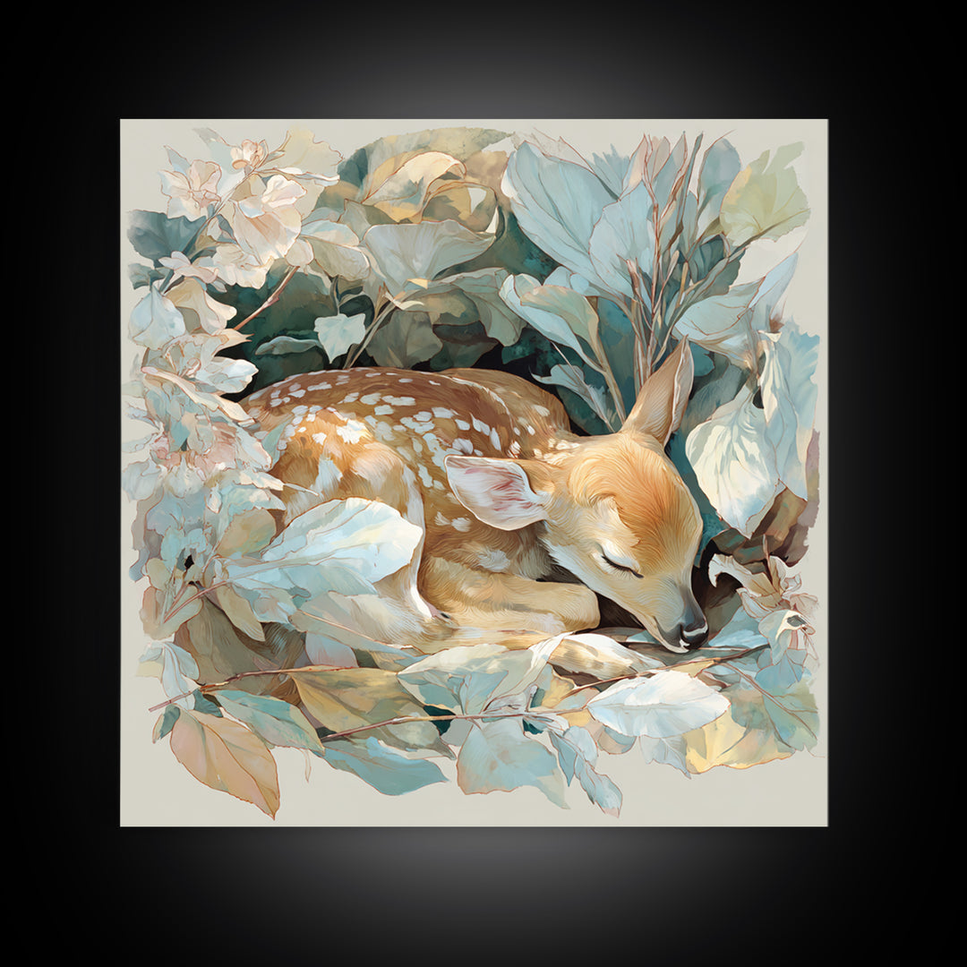 Deer Fawn Sleeping Framed Canvas Print, Nursery Art, Kids Room Wall Art, Nursery Decor, Fine Art, Nursery, Luxury Decor, NUR-1x1-71