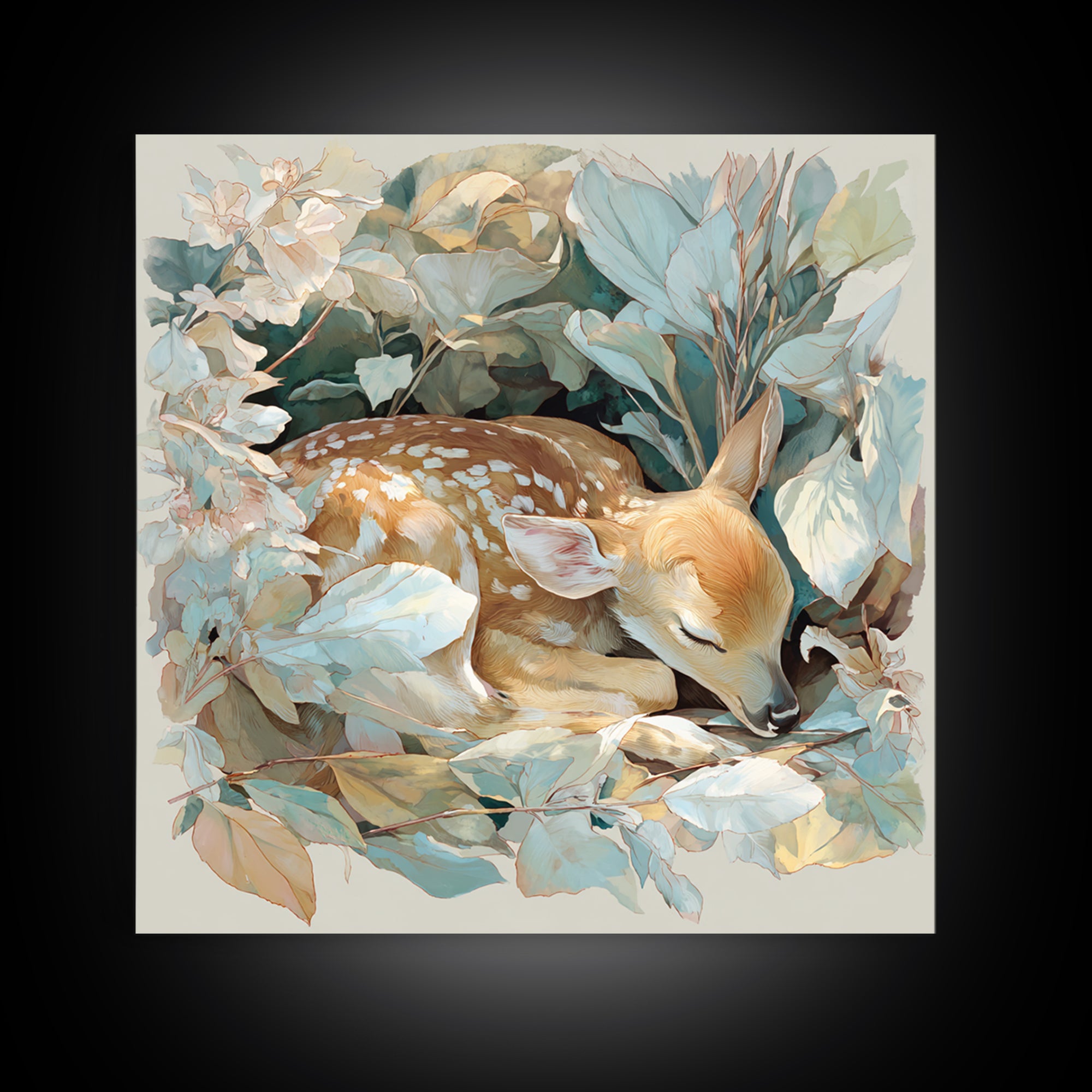 Deer Fawn Sleeping Framed Canvas Print, Nursery Art, Kids Room Wall Art, Nursery Decor, Fine Art, Nursery, Luxury Decor, NUR-1x1-71