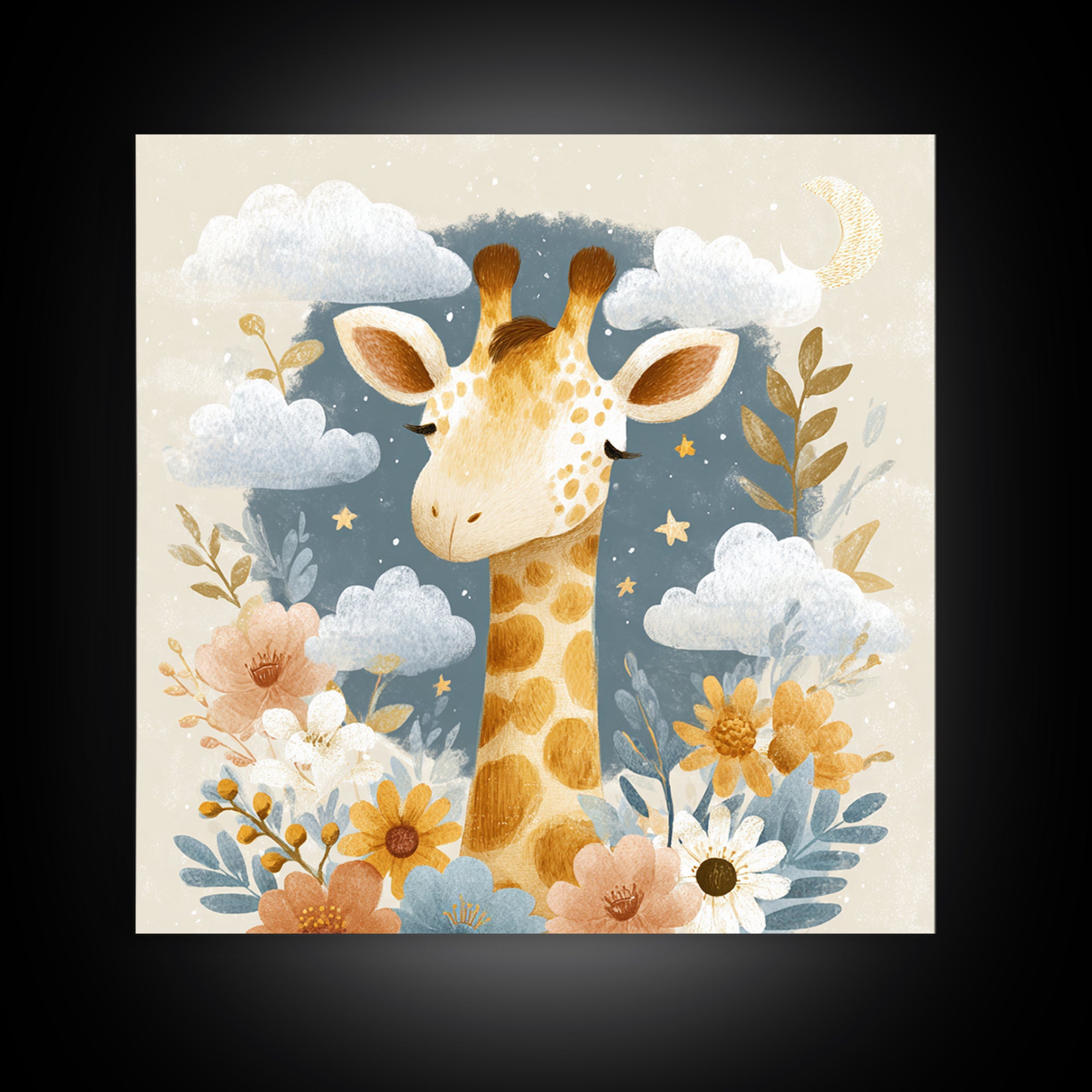 Gentle Giraffe with Pastel Flowers Framed Canvas Print, Nursery Art, Whimsical Wall Art, Nursery Decor, Watercolor Art, Nursery, NUR-1x1-74