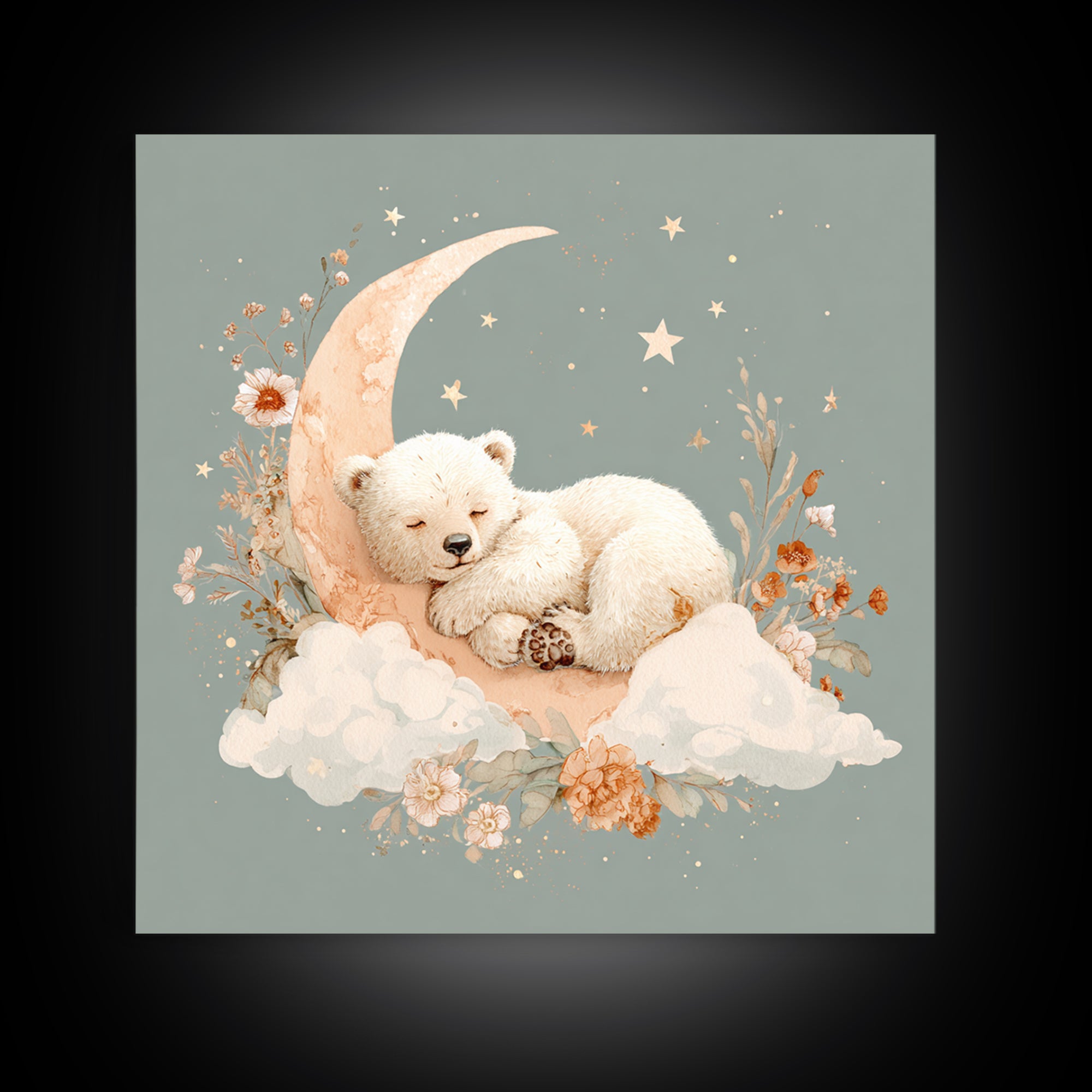 Baby Bear Floating on a Crescent Moon Framed Canvas Print, Nursery Art, Home Decor, Nursery Decor, Fine Art, Nursery, NUR-1x1-78