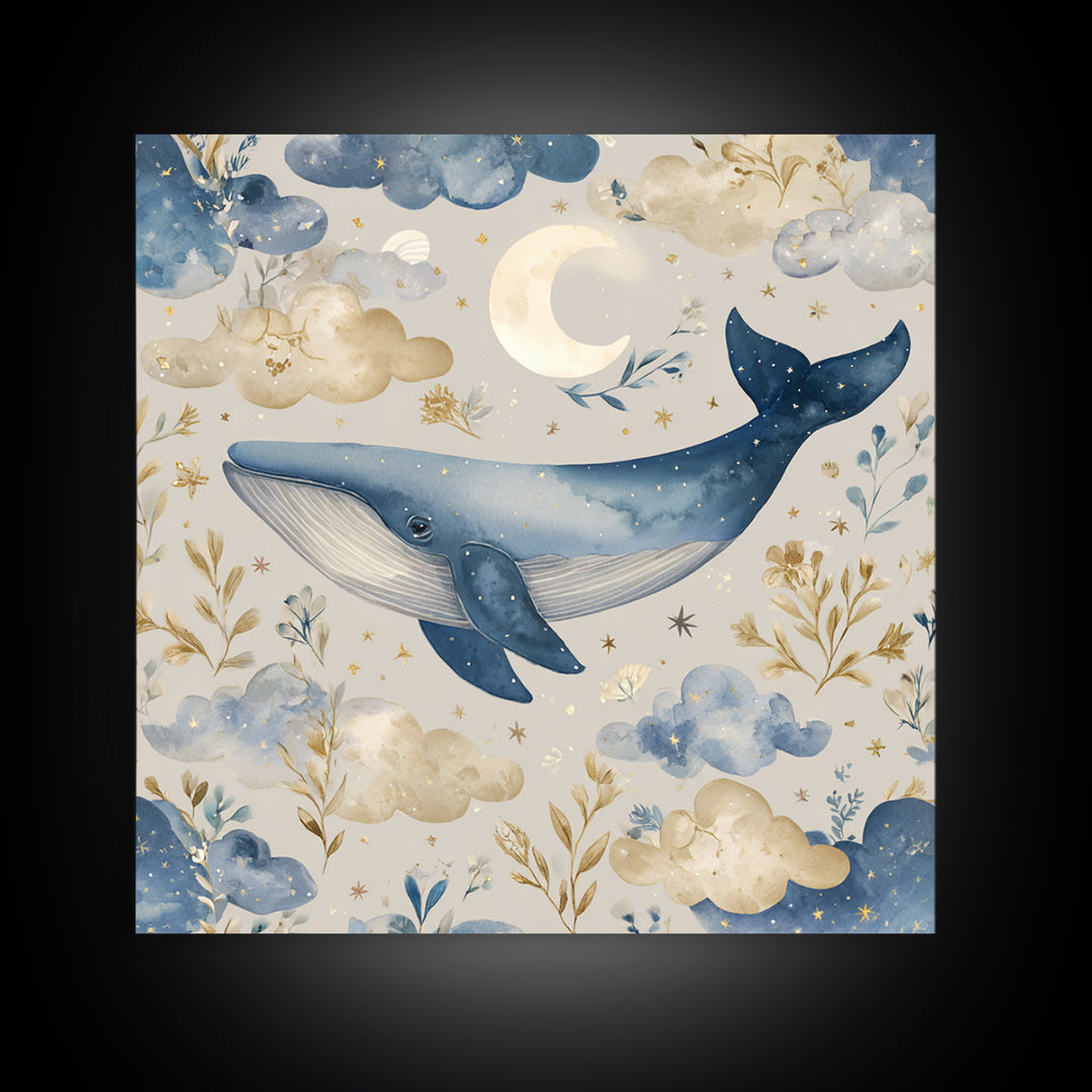 Whale and Tiny Stars Framed Canvas Print, Nursery Art, Printable Art, Nursery Decor, Fine Art, Nursery, Watercolor Print, NUR-1x1-8