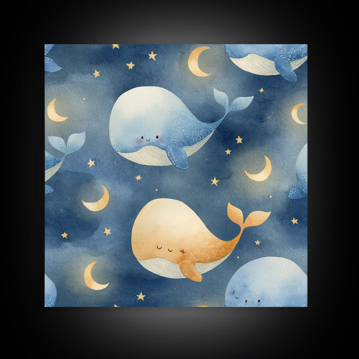 Whale and Tiny Stars Framed Canvas Print, Nursery Art, Neutral Decor, Nursery Decor, Fine Art, Nursery, Wall Decor, Art Print, NUR-1x1-80