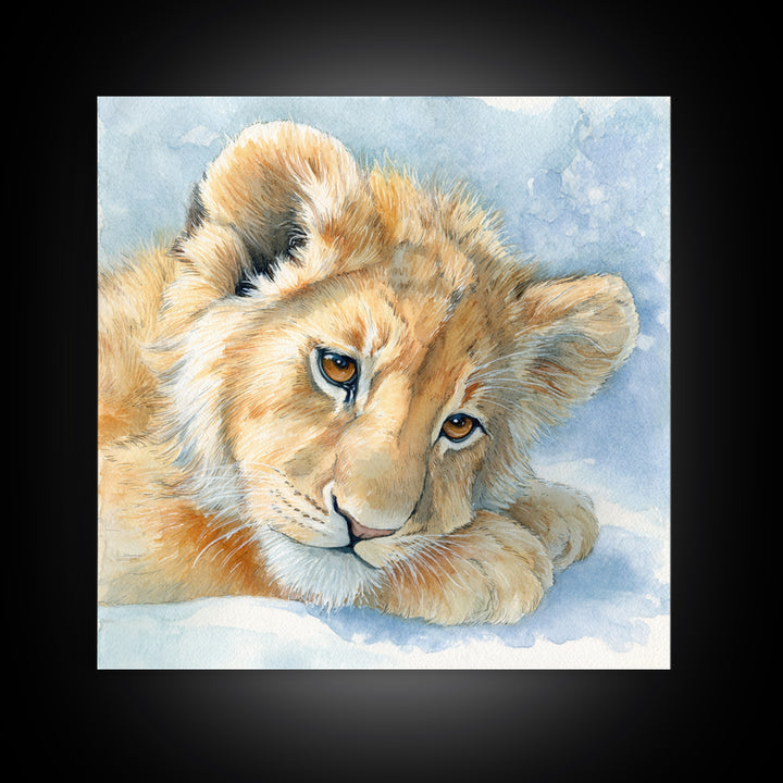 Lion Cub with Soft Golden Mane Canvas Print, Nursery Art, Textured Painting, Nursery Decor, Fine Art, Nursery, Wall Art Print, NUR-1x1-81