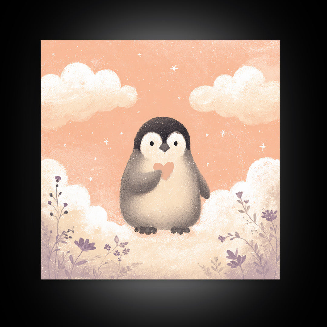 Penguin Holding a Little Heart Shape Canvas Print, Nursery Art, Gallery Decor, Nursery Decor, Fine Art, Nursery, Wall Art, NUR-1x1-82