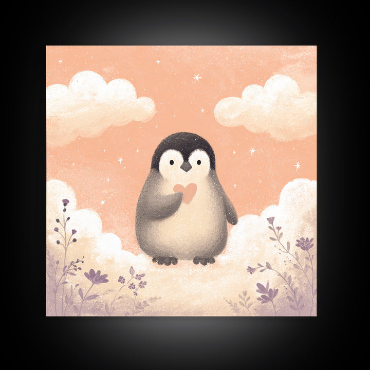 Penguin Holding a Little Heart Shape Canvas Print, Nursery Art, Gallery Decor, Nursery Decor, Fine Art, Nursery, Wall Art, NUR-1x1-82