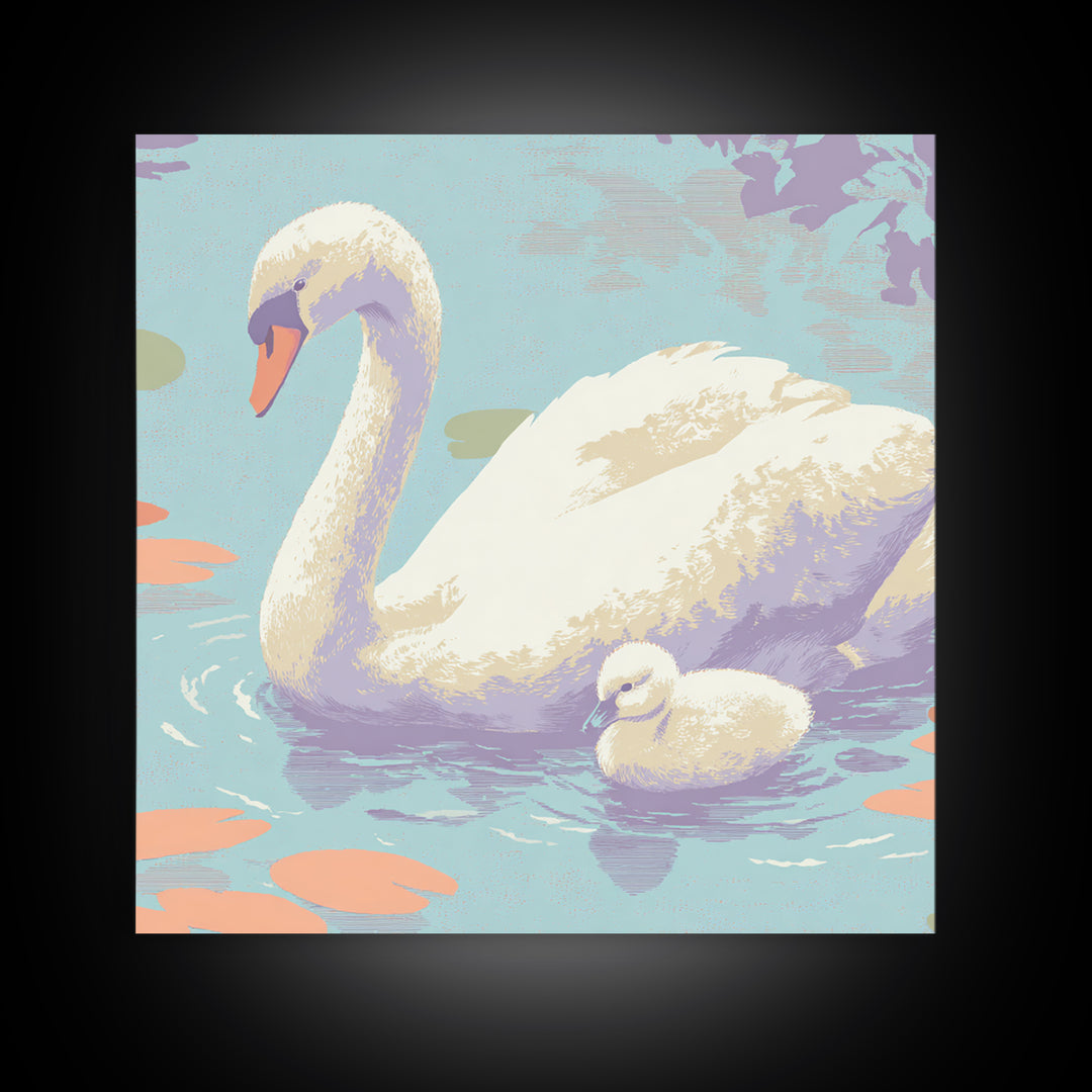 Swan and Cygnet Framed Canvas Print, Nursery Art, Textured Painting, Nursery Decor, Fine Art, Nursery, Wall Art Print, NUR-1x1-88