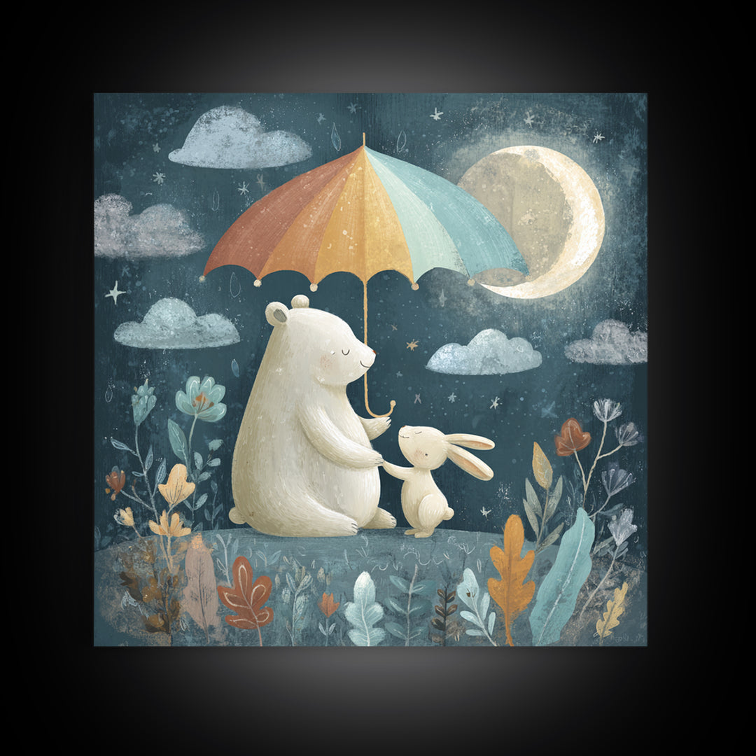 Bear and Rabbit Sharing Umbrella Canvas Print, Nursery Art, Boho Decor, Nursery Decor, Fine Art, Nursery, Wall Hangings, NUR-1x1-89