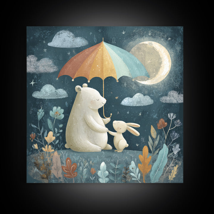 Bear and Rabbit Sharing Umbrella Canvas Print, Nursery Art, Boho Decor, Nursery Decor, Fine Art, Nursery, Wall Hangings, NUR-1x1-89