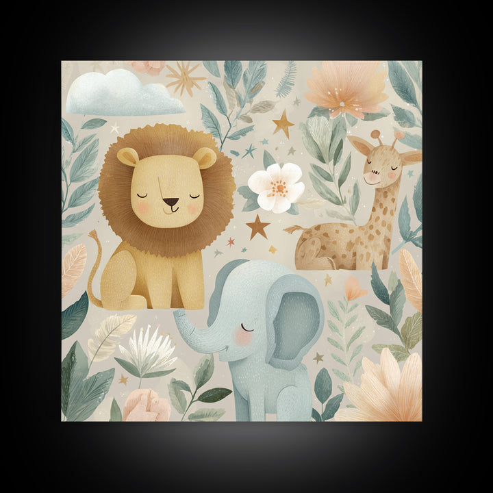 Pastel Jungle Animals Canvas Print, Nursery Art, Kids Room Art, Nursery Decor, Fine Art, Nursery, Textured Painting, NUR-1x1-90