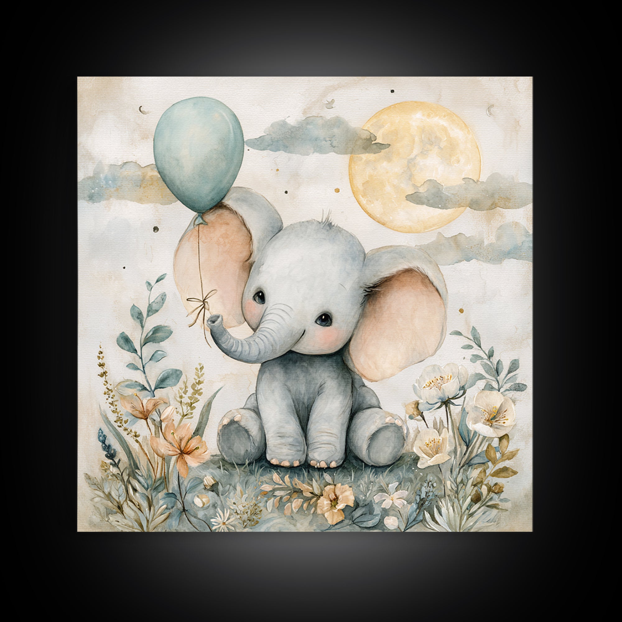 Sleepy Baby Elephant Holding a Tiny Balloon Canvas Print, Nursery Art, Wall Art, Nursery Decor, Oil Painting, Nursery, NUR-1x1-97