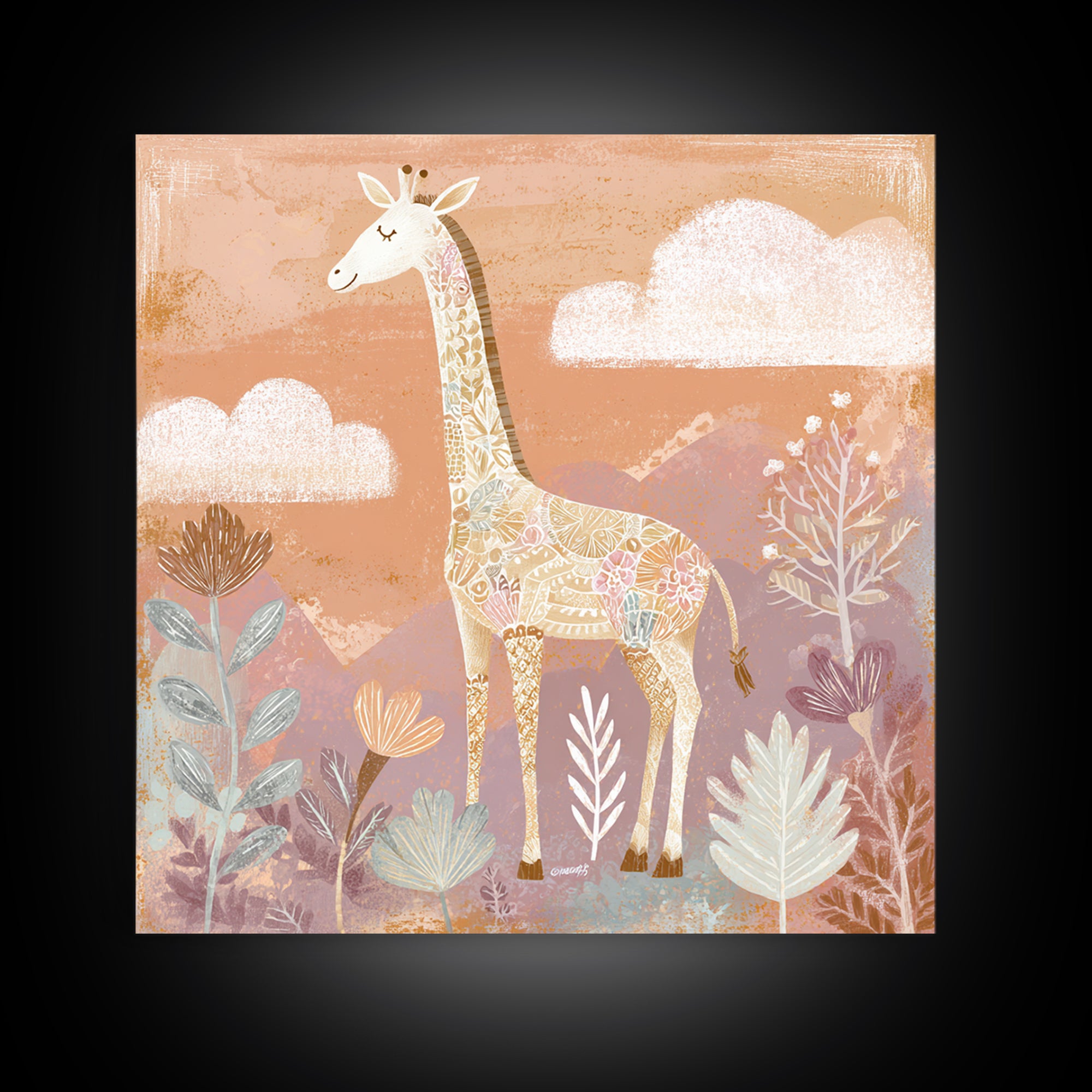 Gentle Giraffe with Pastel Flowers Canvas Print, Nursery Art, Statement Artwork, Nursery Decor, Fine Art, Nursery, NUR-1x1-98