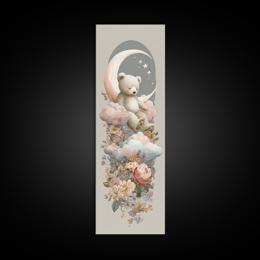 Baby Bear Floating on a Crescent Moon Canvas Print, Nursery Art, Dinosaur Wall Art, Nursery Decor, Fine Art, Nursery, NUR-1x3-18