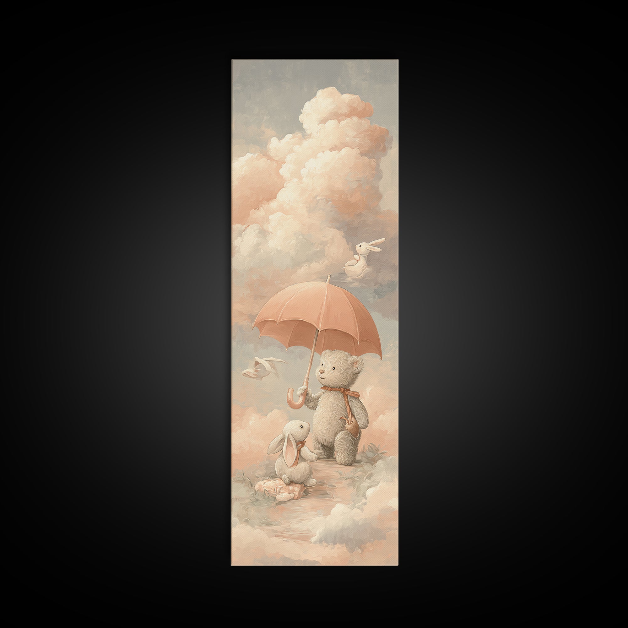 Bear and Rabbit Sharing Umbrella Framed Canvas Print, Nursery Art, Neutral Decor, Nursery Decor, Fine Art, Nursery, Wall Decor, NUR-1x3-29