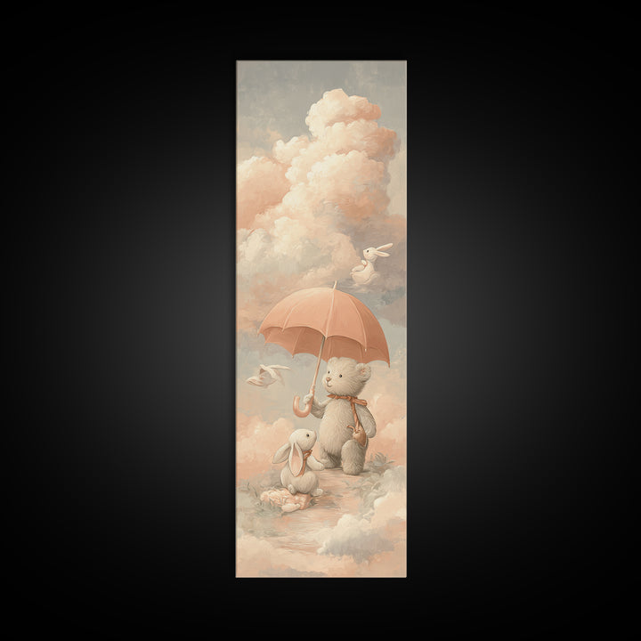 Bear and Rabbit Sharing Umbrella Framed Canvas Print, Nursery Art, Neutral Decor, Nursery Decor, Fine Art, Nursery, Wall Decor, NUR-1x3-29