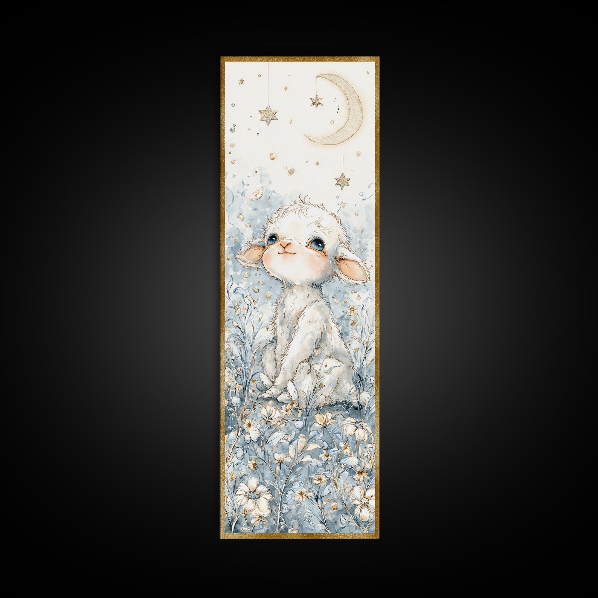Little Lamb under a Starry Sky Framed Canvas Print, Nursery Art, Wall Hangings, Nursery Decor, Watercolor Art, Nursery, NUR-1x3-31