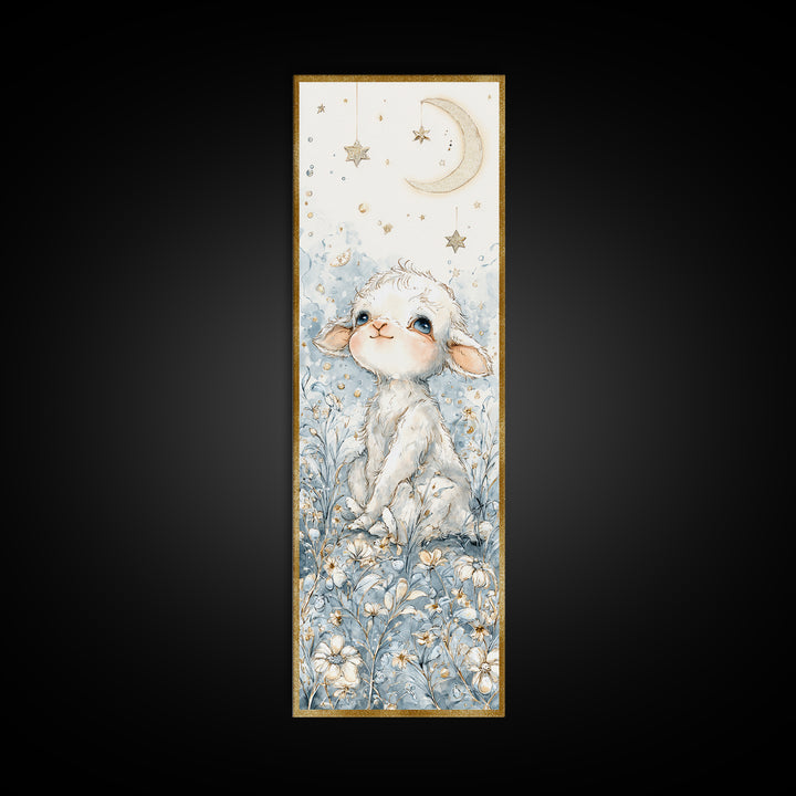 Little Lamb under a Starry Sky Framed Canvas Print, Nursery Art, Wall Hangings, Nursery Decor, Watercolor Art, Nursery, NUR-1x3-31