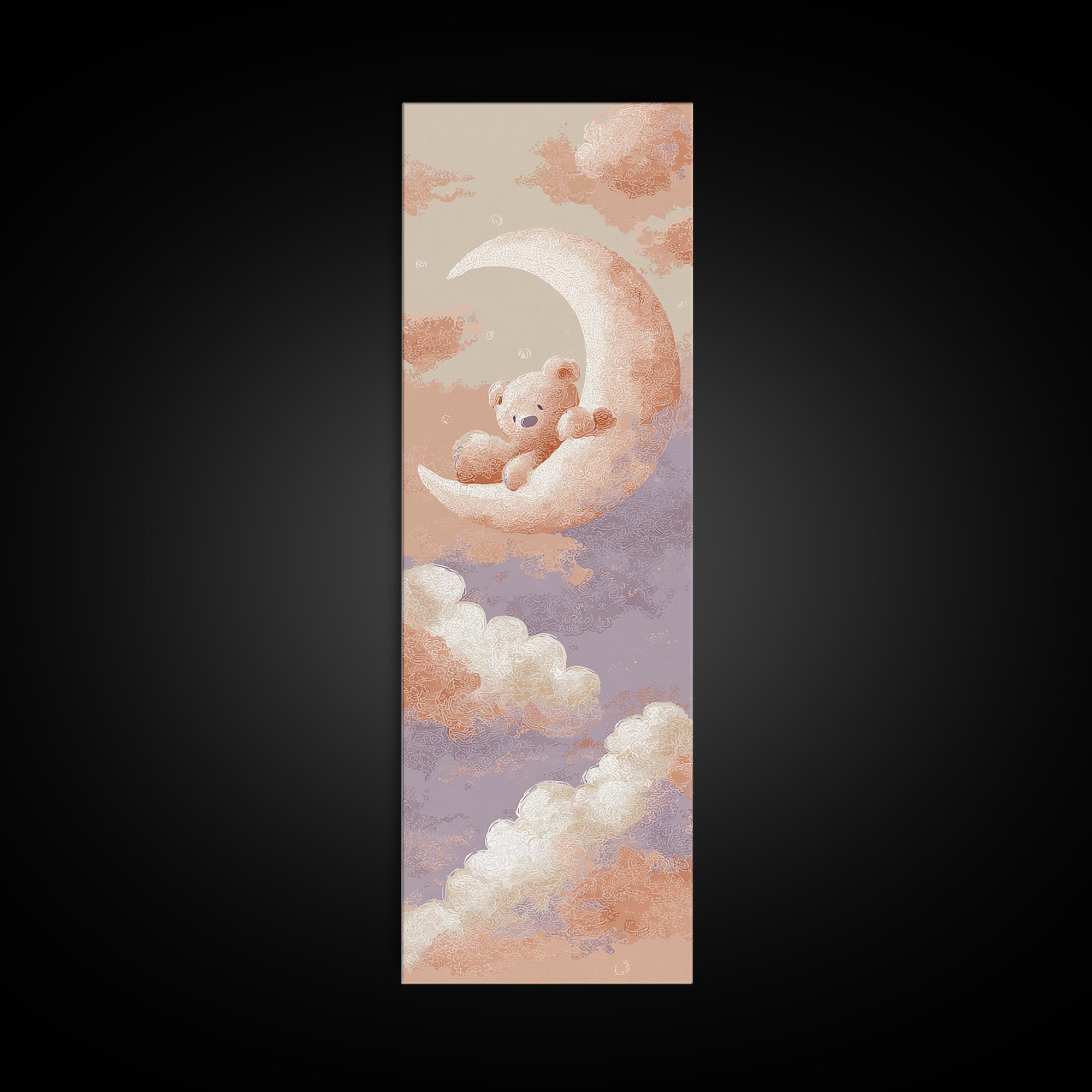 Baby Bear Floating on a Crescent Moon Canvas Print, Nursery Art, Dinosaur Wall Art, Nursery Decor, Fine Art, Nursery, NUR-1x3-42