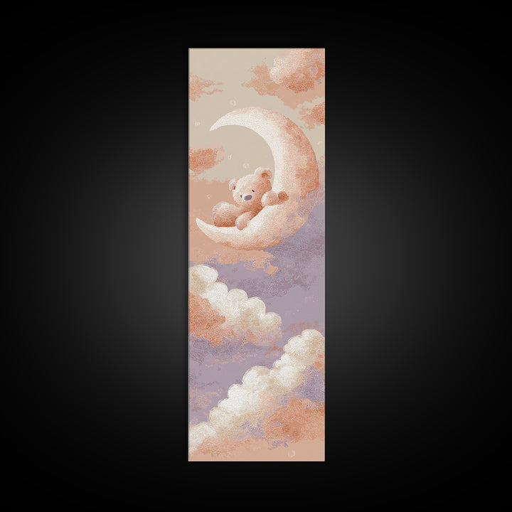 Baby Bear Floating on a Crescent Moon Canvas Print, Nursery Art, Dinosaur Wall Art, Nursery Decor, Fine Art, Nursery, NUR-1x3-42