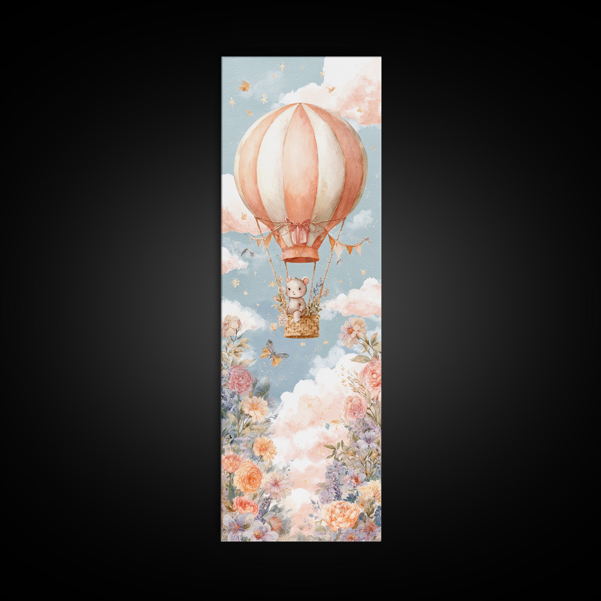 Floating Hot Air Balloon Canvas Print, Nursery Art, Wall Art, Nursery Decor, Watercolor Art, Nursery, Nursery Prints, NUR-1x3-48