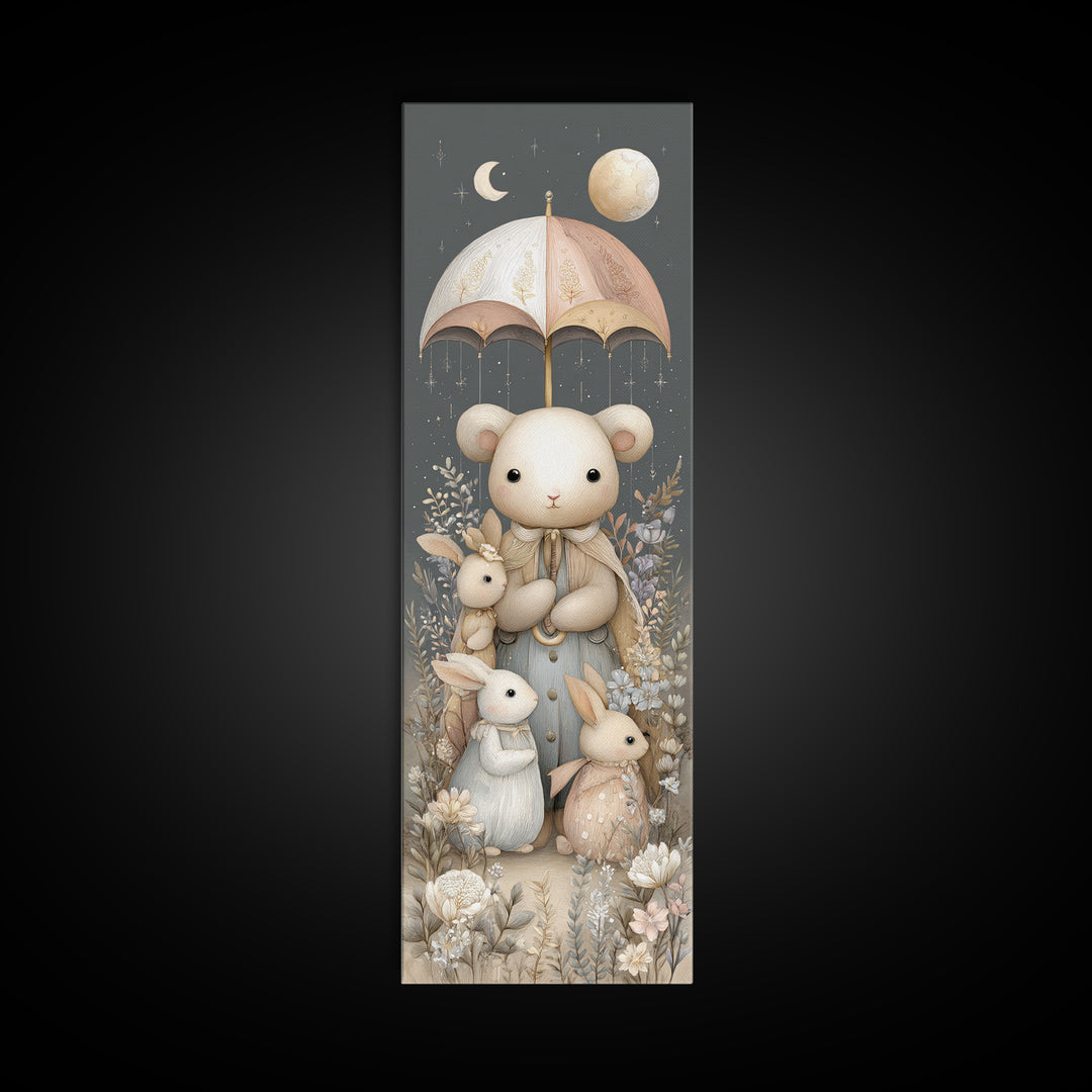 Bear and Rabbit Sharing Umbrella Canvas Print, Nursery Art, Dinosaur Wall Art, Nursery Decor, Fine Art, Nursery, Room Decor, NUR-1x3-5