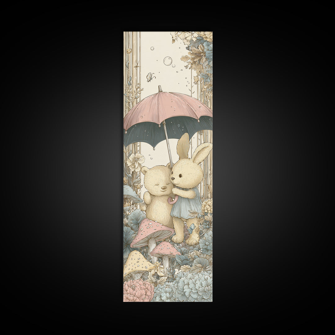Bear and Rabbit Sharing Umbrella Framed Canvas Print, Nursery Art, Neutral Decor, Nursery Decor, Fine Art, Nursery, Wall Decor, NUR-1x3-53