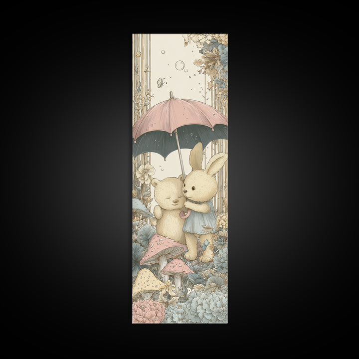 Bear and Rabbit Sharing Umbrella Framed Canvas Print, Nursery Art, Neutral Decor, Nursery Decor, Fine Art, Nursery, Wall Decor, NUR-1x3-53