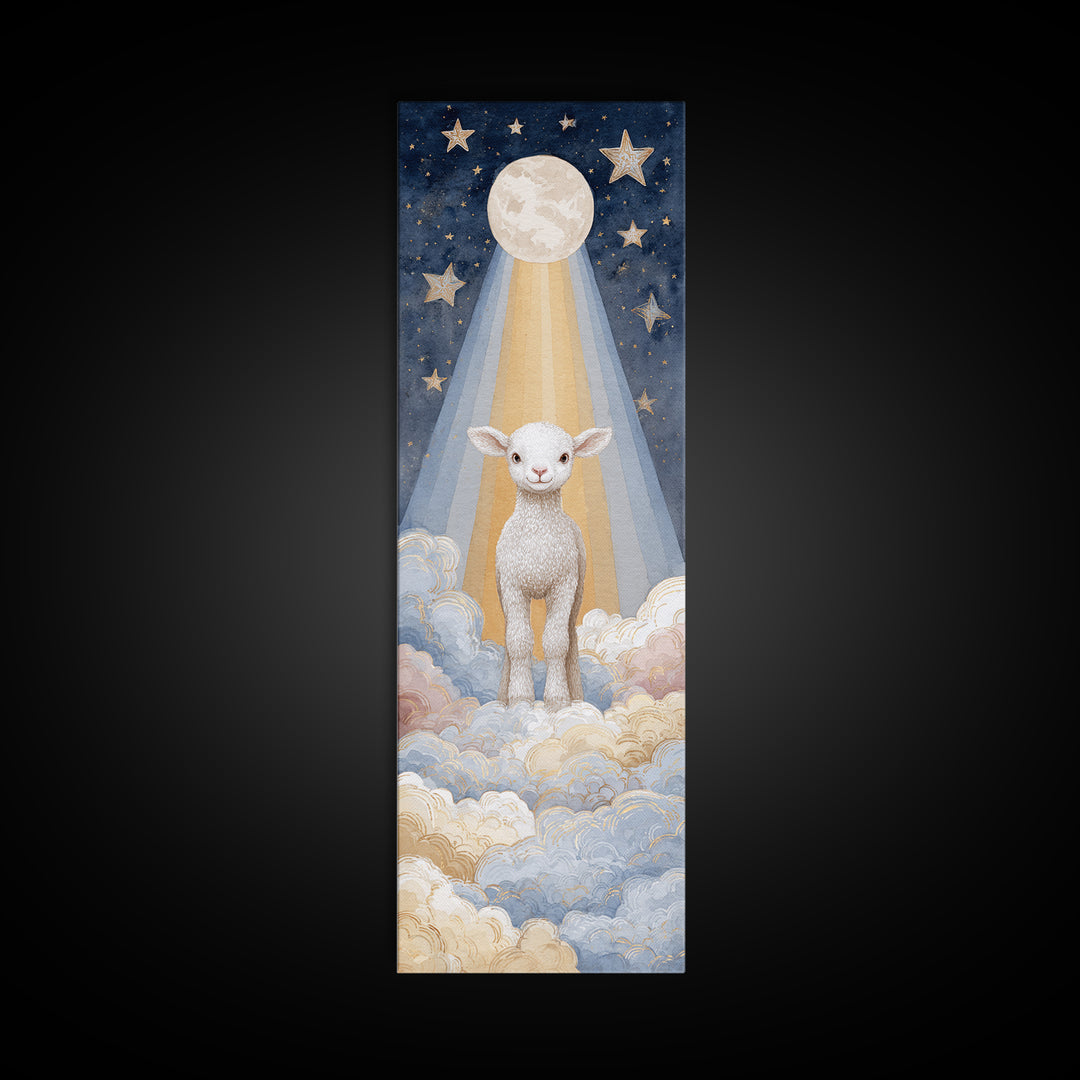 Little Lamb under a Starry Sky Canvas Print, Nursery Art, Nursery Wall Decor, Nursery Decor, Oil Painting, Nursery, NUR-1x3-55
