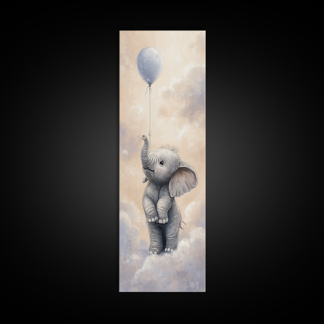 Sleepy Baby Elephant Holding a Tiny Balloon Framed Canvas Print, Nursery Art, Textured Painting, Nursery Decor, Nursery, NUR-1x3-61