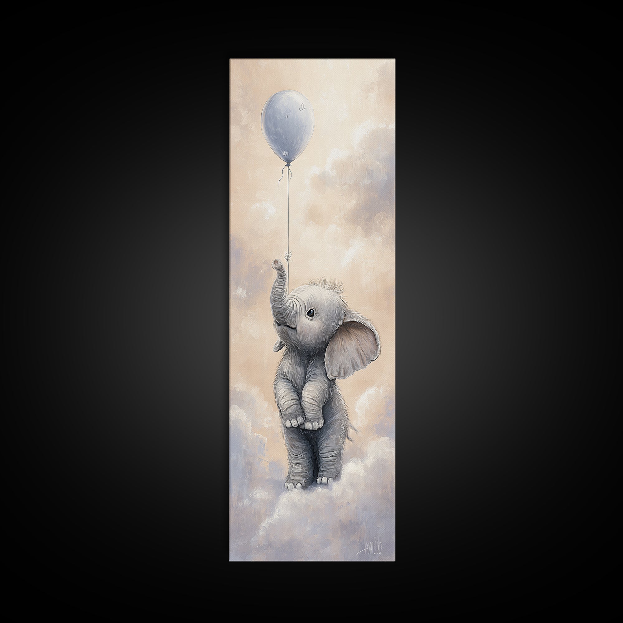 Sleepy Baby Elephant Holding a Tiny Balloon Framed Canvas Print, Nursery Art, Textured Painting, Nursery Decor, Nursery, NUR-1x3-61