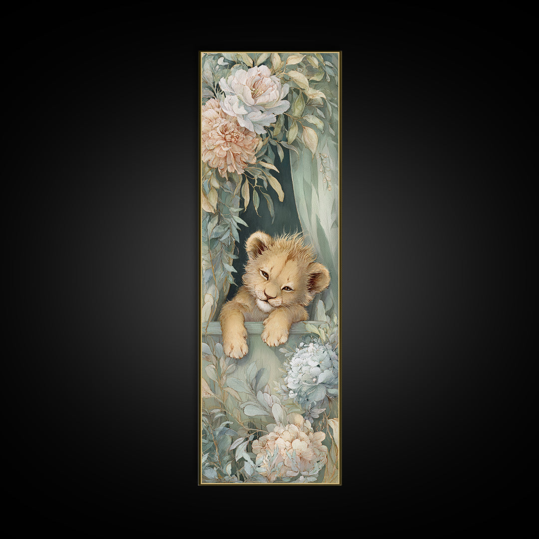 Lion Cub with Soft Golden Mane Framed Canvas Print, Nursery Art, Boho Decor, Nursery Decor, Oil Painting, Nursery, NUR-1x3-69