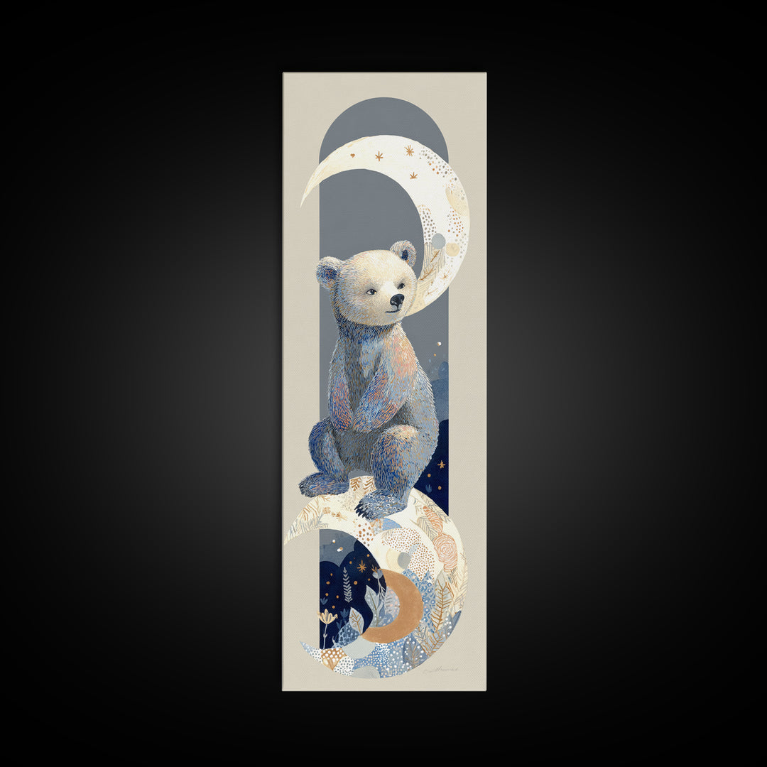 Baby Bear Floating on a Crescent Moon Canvas Print, Nursery Art, Luxury Decor, Nursery Decor, Oil Painting, Nursery, NUR-1x3-90