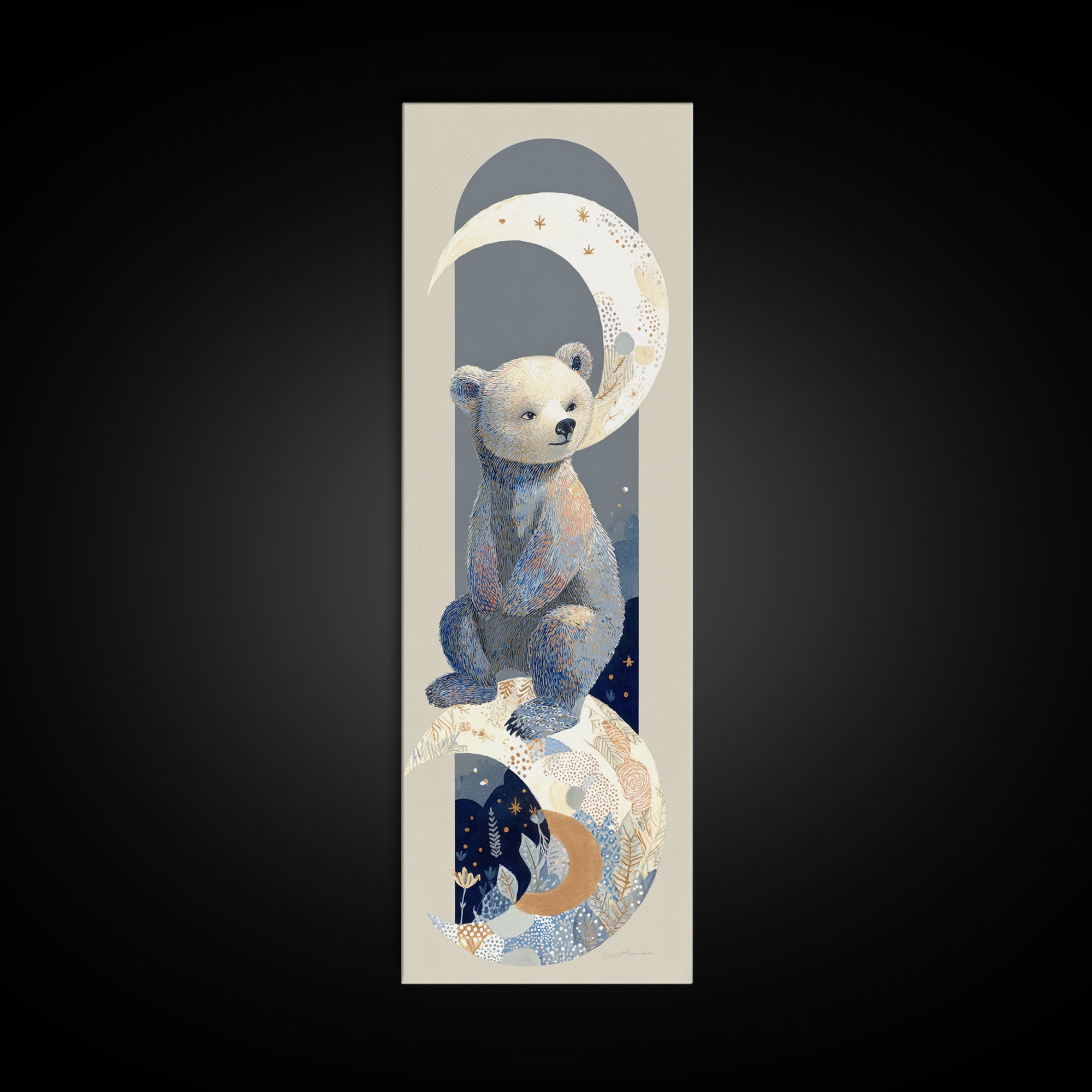 Baby Bear Floating on a Crescent Moon Canvas Print, Nursery Art, Luxury Decor, Nursery Decor, Oil Painting, Nursery, NUR-1x3-90