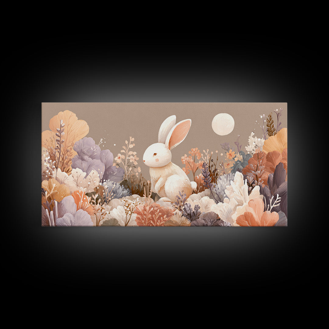 Soft Bunny in a Wildflower Meadow Framed Canvas Print, Nursery Art, Wall Decor, Nursery Decor, Oil Painting, Nursery, NUR-2x1-1