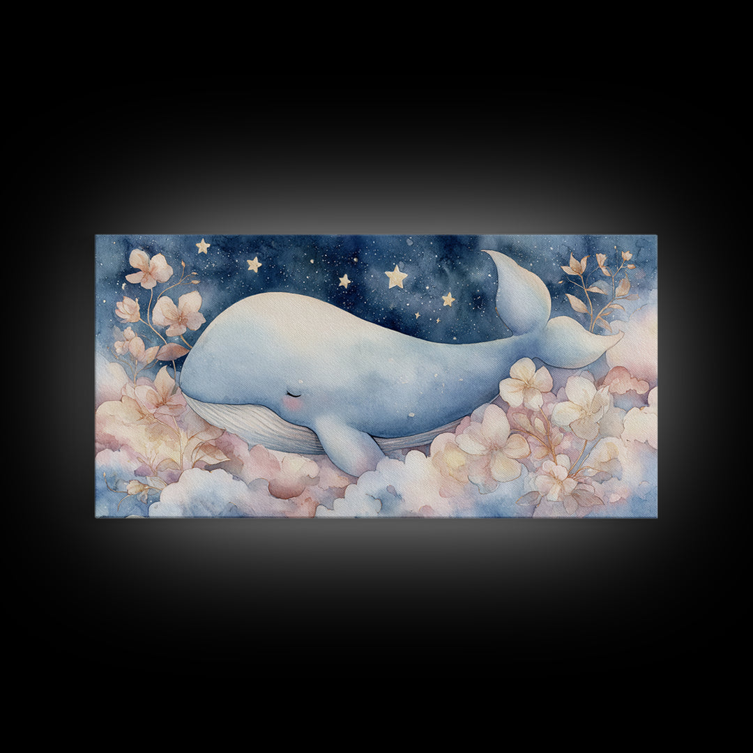 Whale and Tiny Stars Framed Canvas Print, Nursery Art, Playroom Wall Decor, Nursery Decor, Fine Art, Nursery, Modern Decor, NUR-2x1-100