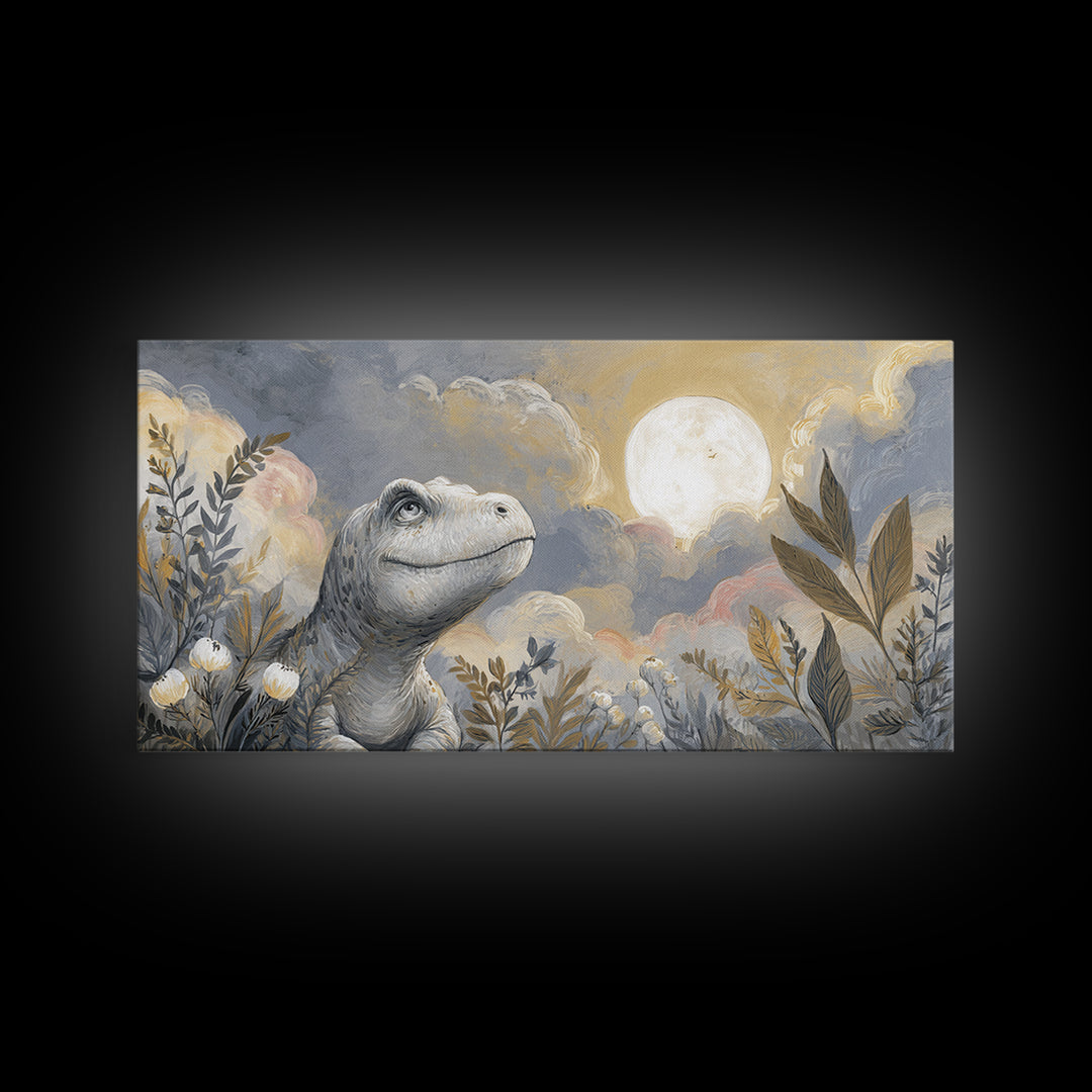 Tiny Dinosaur with Friendly Expression Framed Canvas Print, Nursery Art, Kids Wall Art, Nursery Decor, Fine Art, Nursery, NUR-2x1-11