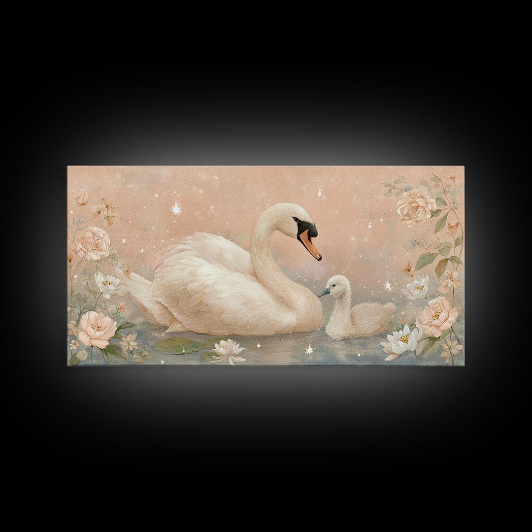 Swan and Cygnet Framed Canvas Print, Nursery Art, Luxury Decor, Nursery Decor, Nursery, Nursery Wall Art, Printable Art, NUR-2x1-12