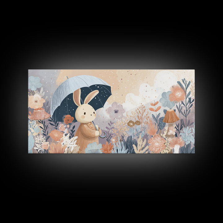Bear and Rabbit Sharing Umbrella Framed Canvas Print, Nursery Art, Minimalist Decor, Nursery Decor, Fine Art, Nursery, NUR-2x1-13