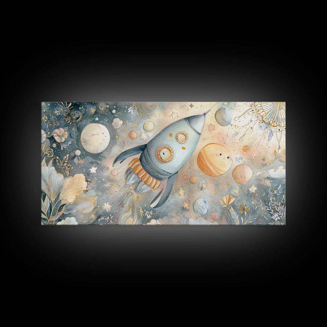 Rocket Ship and Smiling Planets Canvas Print, Nursery Art, Contemporary Art, Nursery Decor, Fine Art, Nursery, Nursery Prints, NUR-2x1-17