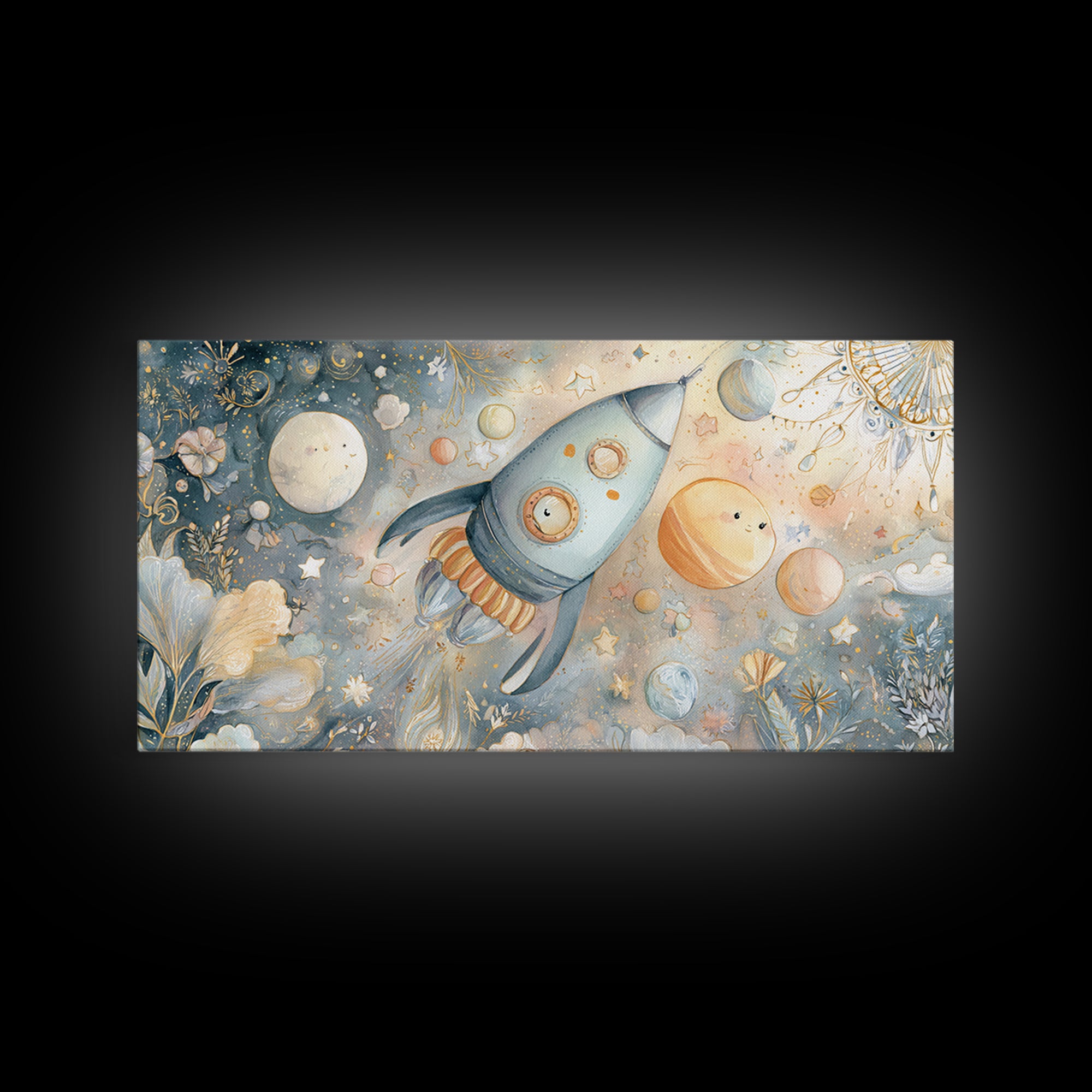 Rocket Ship and Smiling Planets Canvas Print, Nursery Art, Contemporary Art, Nursery Decor, Fine Art, Nursery, Nursery Prints, NUR-2x1-17