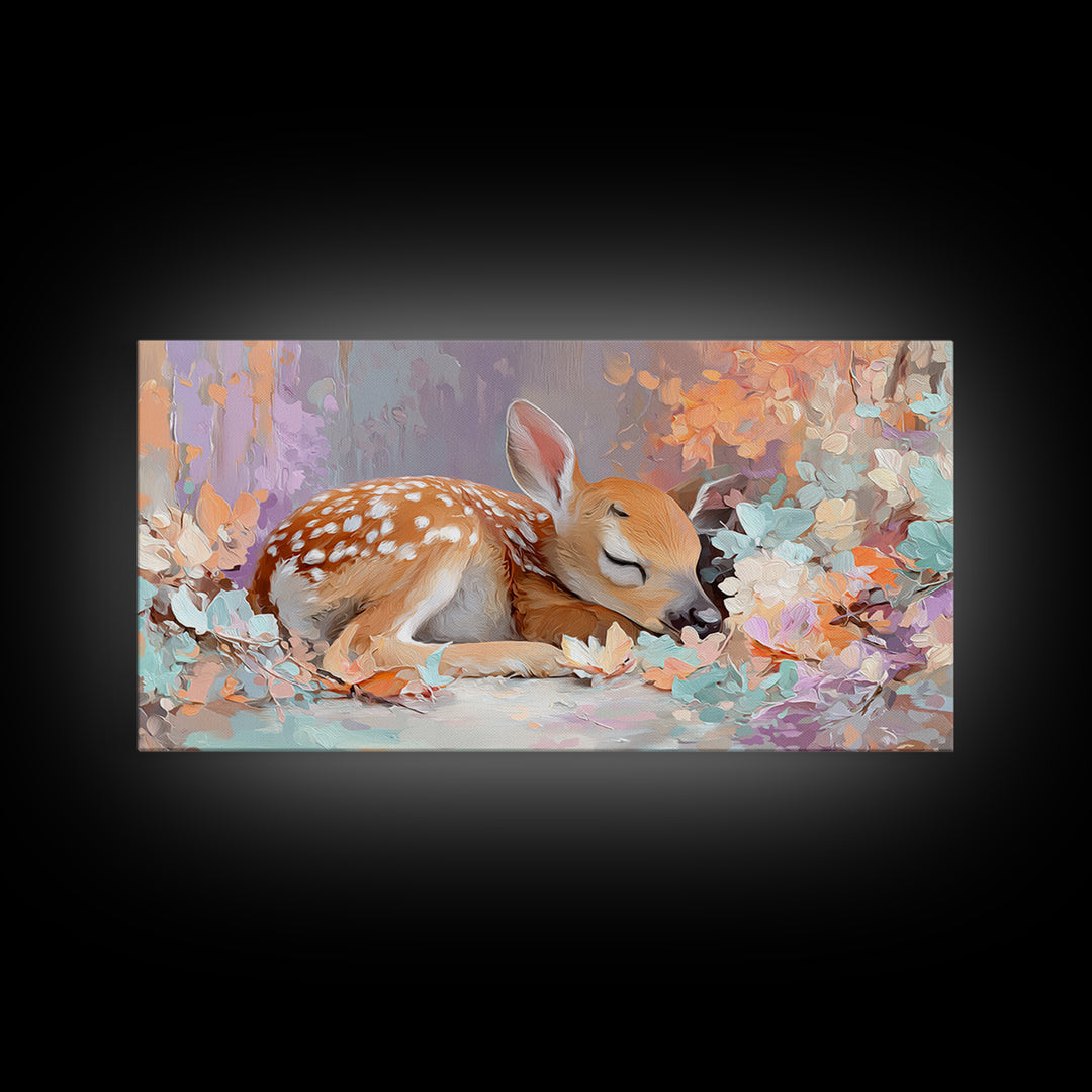 Deer Fawn Sleeping Framed Canvas Print, Nursery Art, Kids Room Wall Art, Nursery Decor, Fine Art, Nursery, Luxury Decor, NUR-2x1-19