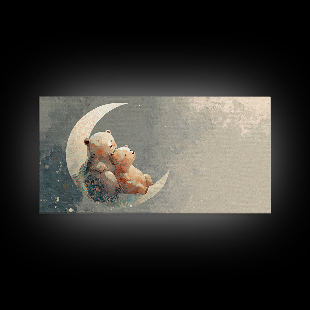 Baby Bear Floating on a Crescent Moon Canvas Print, Nursery Art, Boho Decor, Nursery Decor, Abstract Art, Nursery, NUR-2x1-2